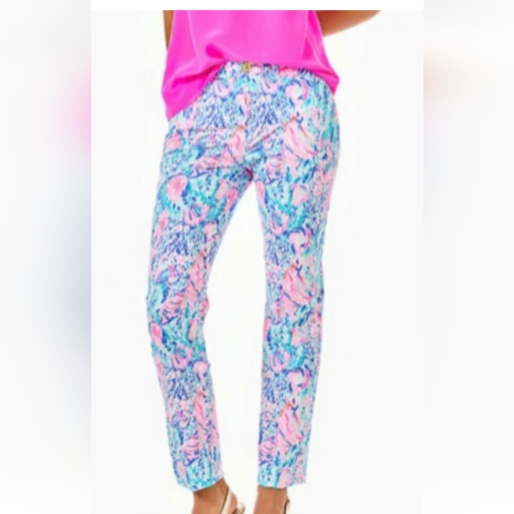 Lilly Pulitzer Womens Stretch Blue Pink Floral Pants Size 00 NWT